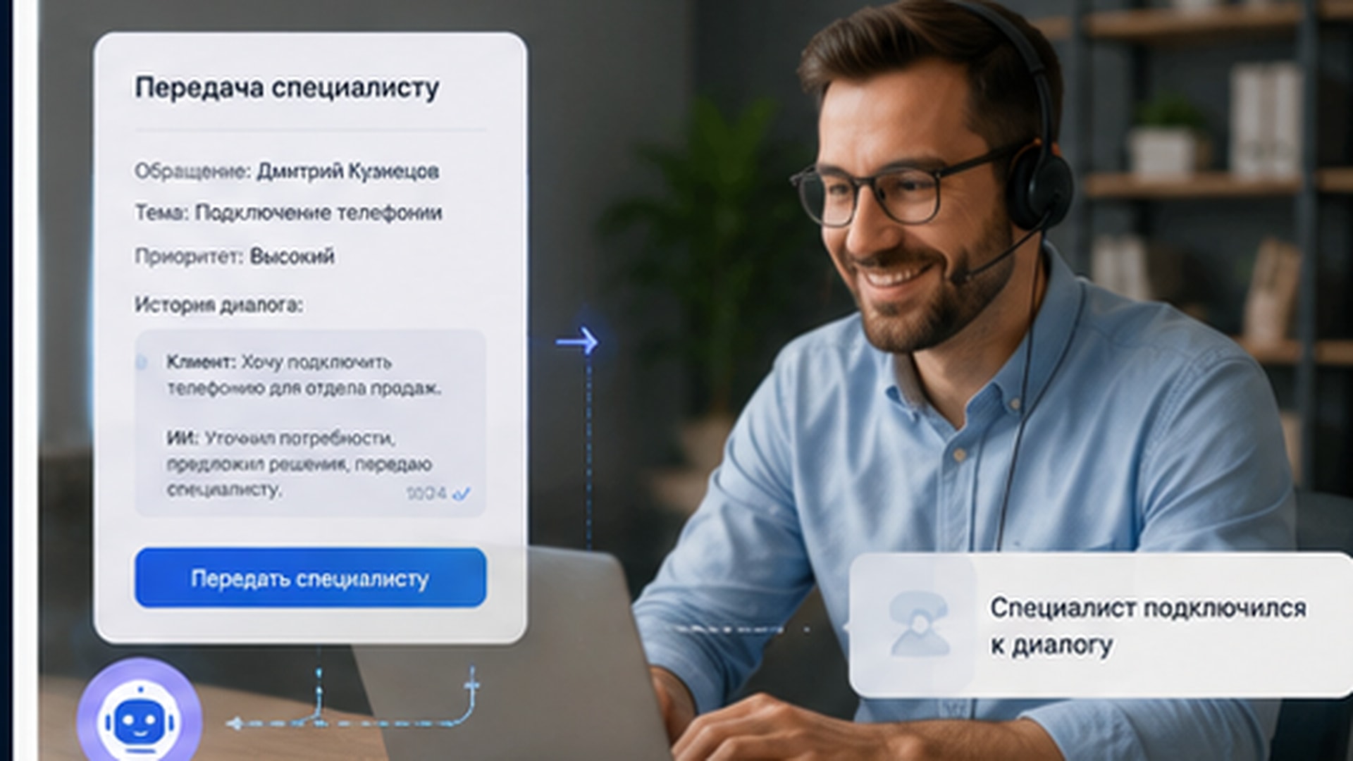 Передача сложного диалога от ИИ сотруднику компании